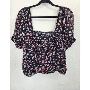 Karl Lagerfeld Paris Top M Black Floral Ruched Square Neck Puff Sleeve Smocked